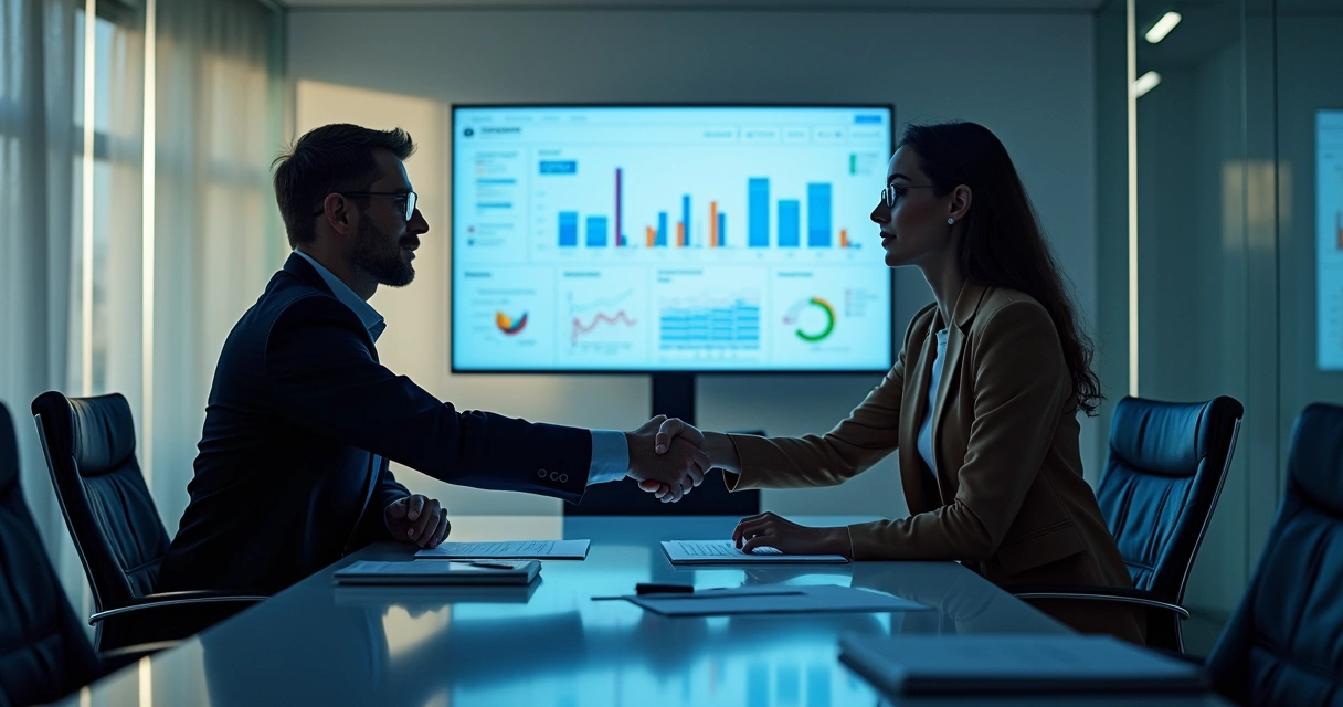 Duas pessoas em sala de reunião firmando acordo, olhando apresentação de métricas de comunicação empresarial 