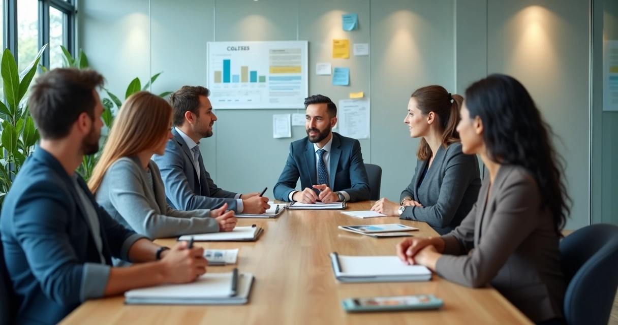 Equipe em reunião alinhando valores e objetivos 