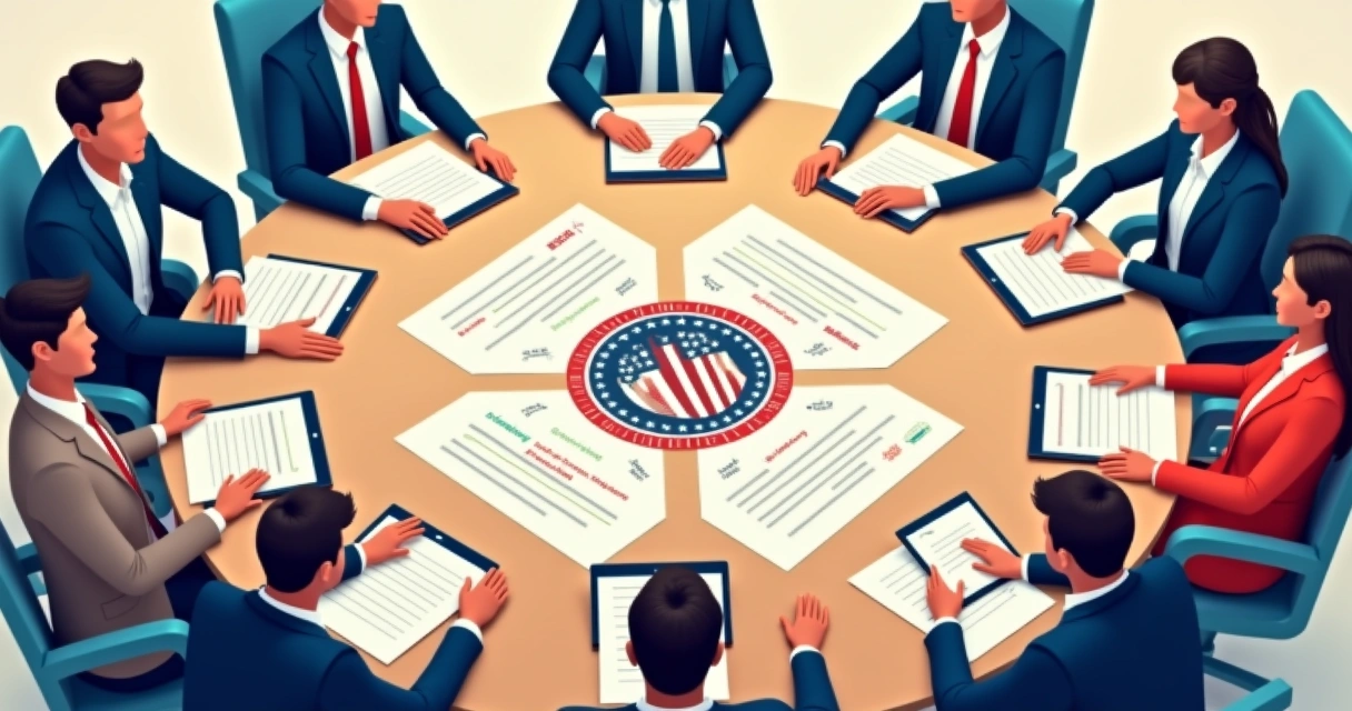 Grupo em reunião debatendo estratégias de comunicação em torno de uma mesa 