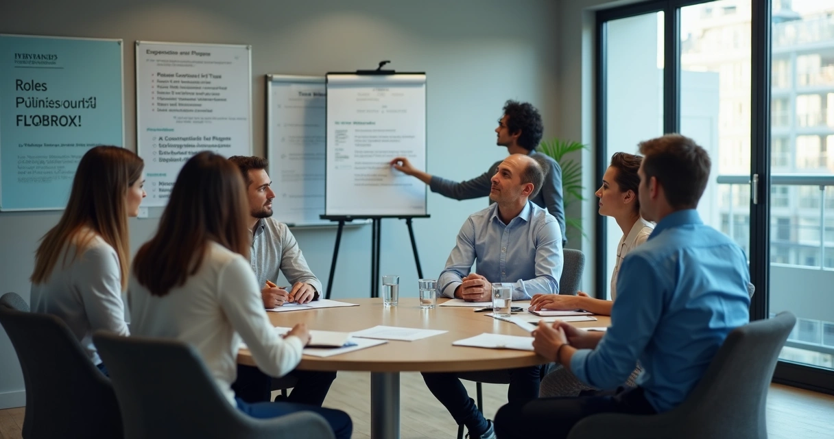 Equipe em reunião revisando acordos de trabalho 