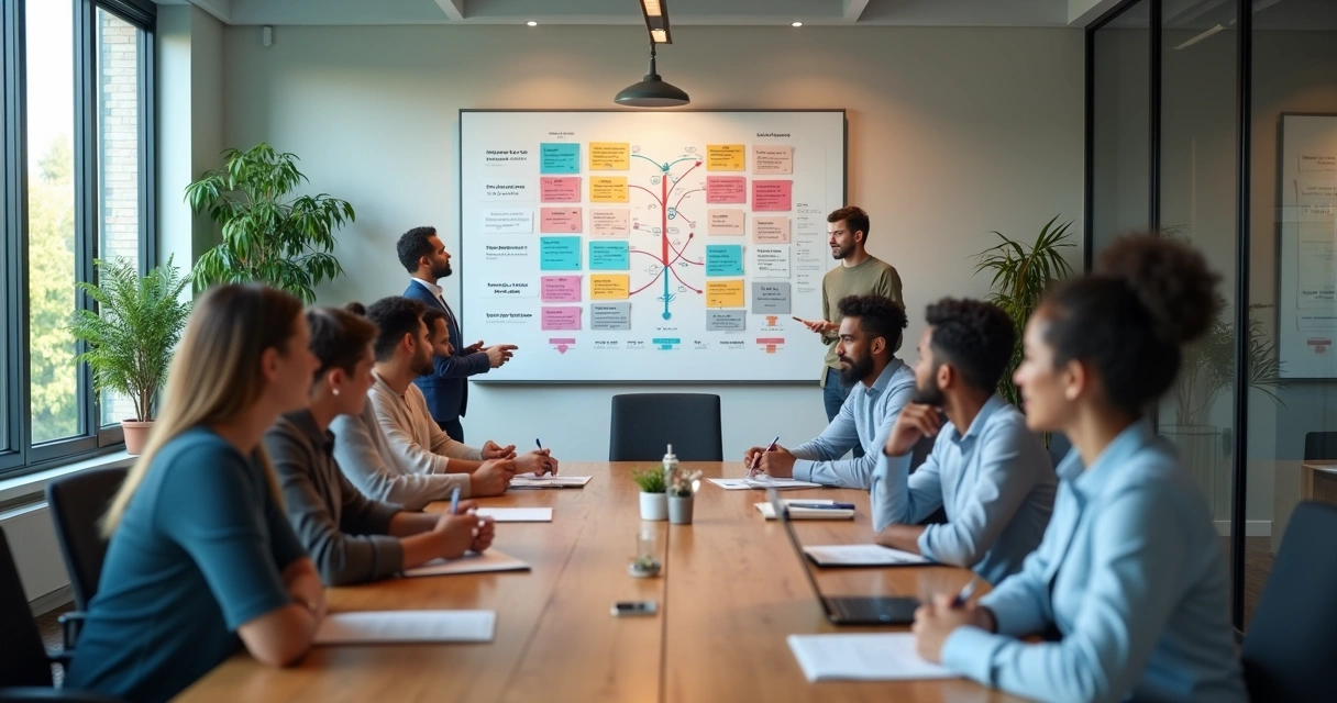 Equipe em reunião observando valores e metas em um painel