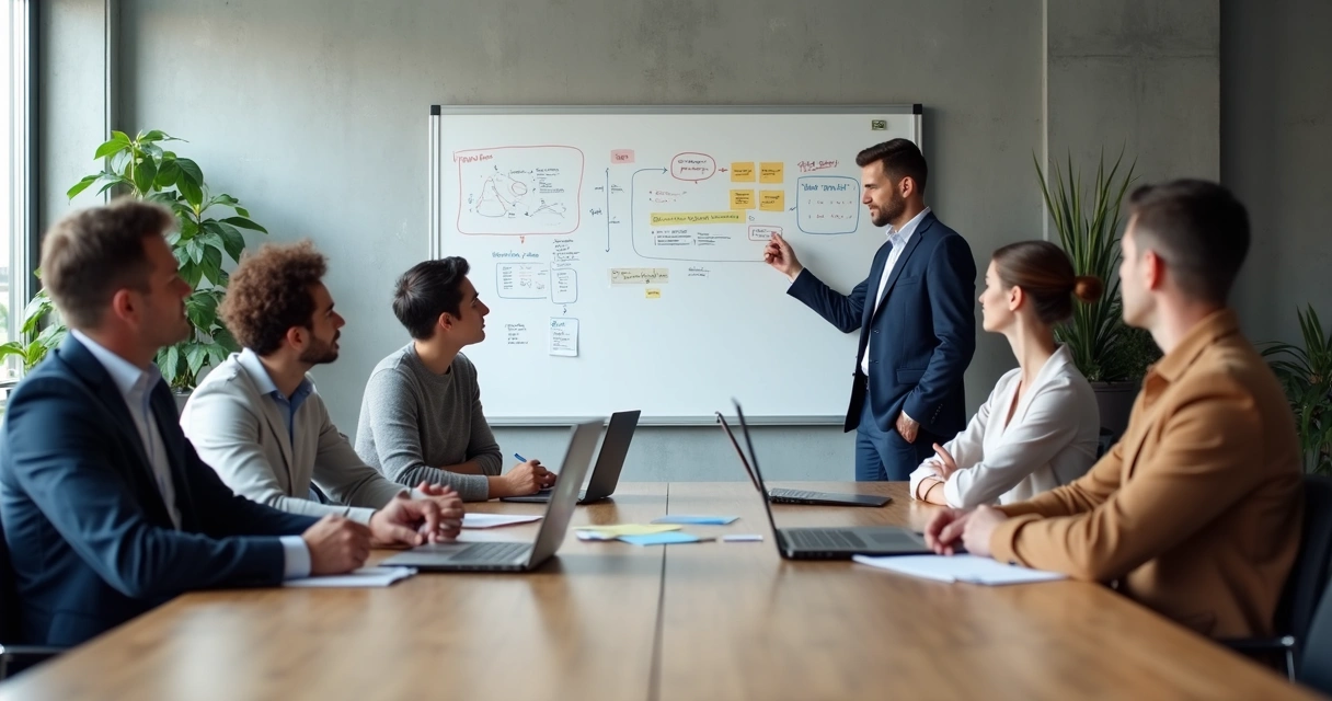 Equipe em reunião com metas visíveis no quadro 