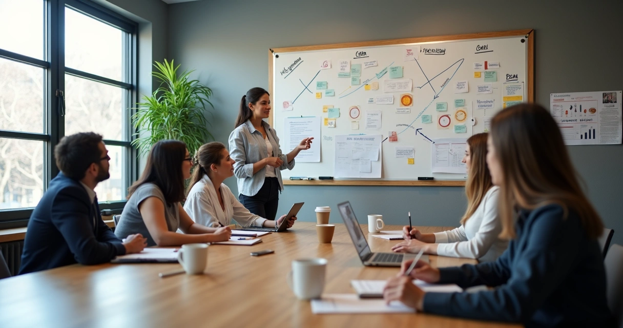 Equipe em reunião alinhando metas em quadro visual
