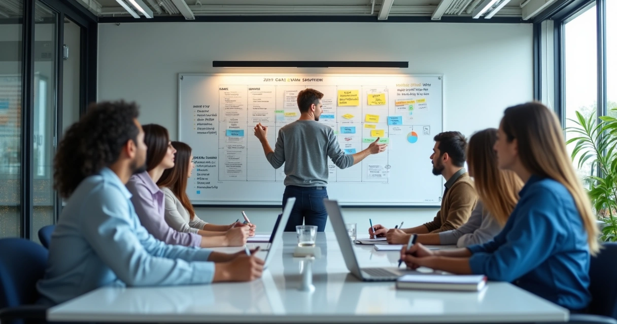 Equipe em reunião alinhando metas e prazos em quadro visual