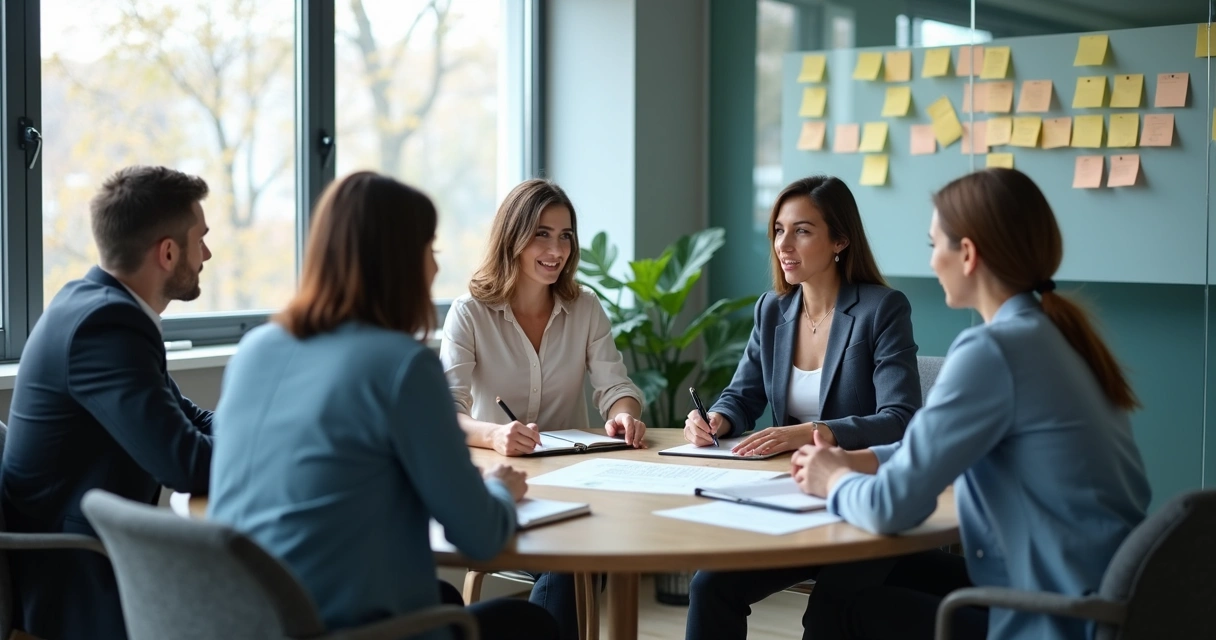 Equipe em reunião alinhando expectativas em escritório