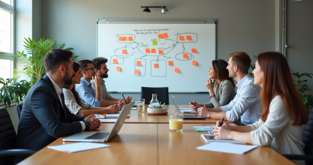 Equipe em reunião com quadro de metas e papéis definidos