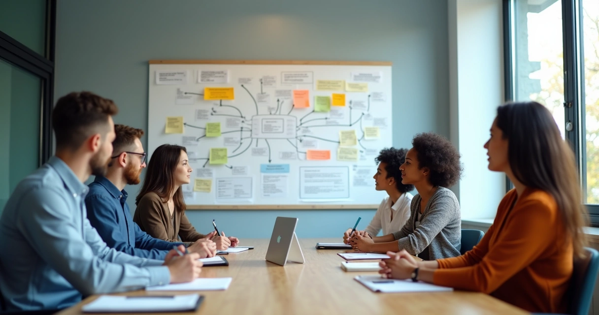 Equipe em reunião observando fluxo de trabalho na parede