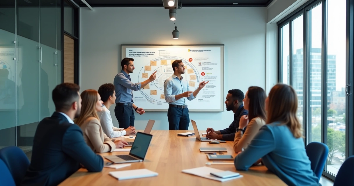 Equipe em reunião com metas e visão no quadro 