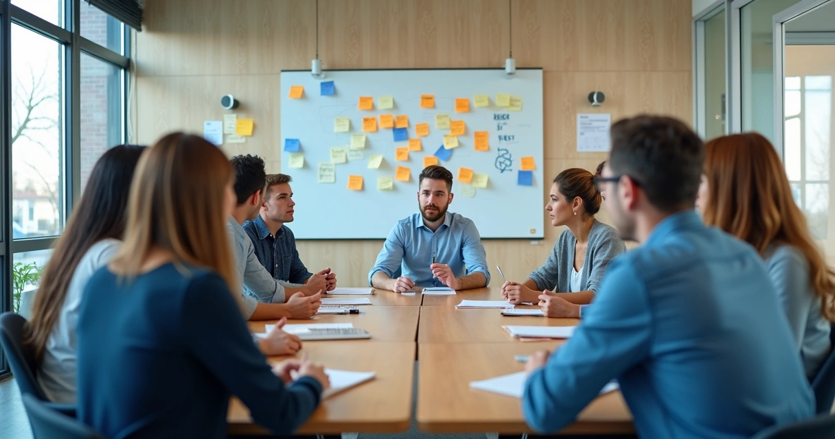 Equipe em reunião colaborativa com anotações visuais na parede 