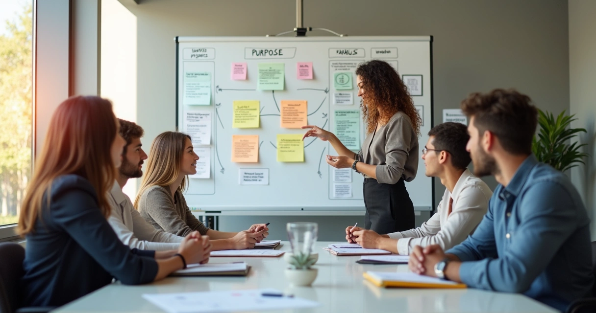 Grupo em reunião observando quadro com metas e propósito do projeto 