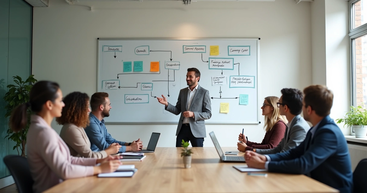 Equipe em reunião observando metas e propósito em um quadro 