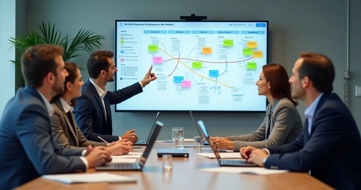 Reunião entre equipes com fluxo visual em painel