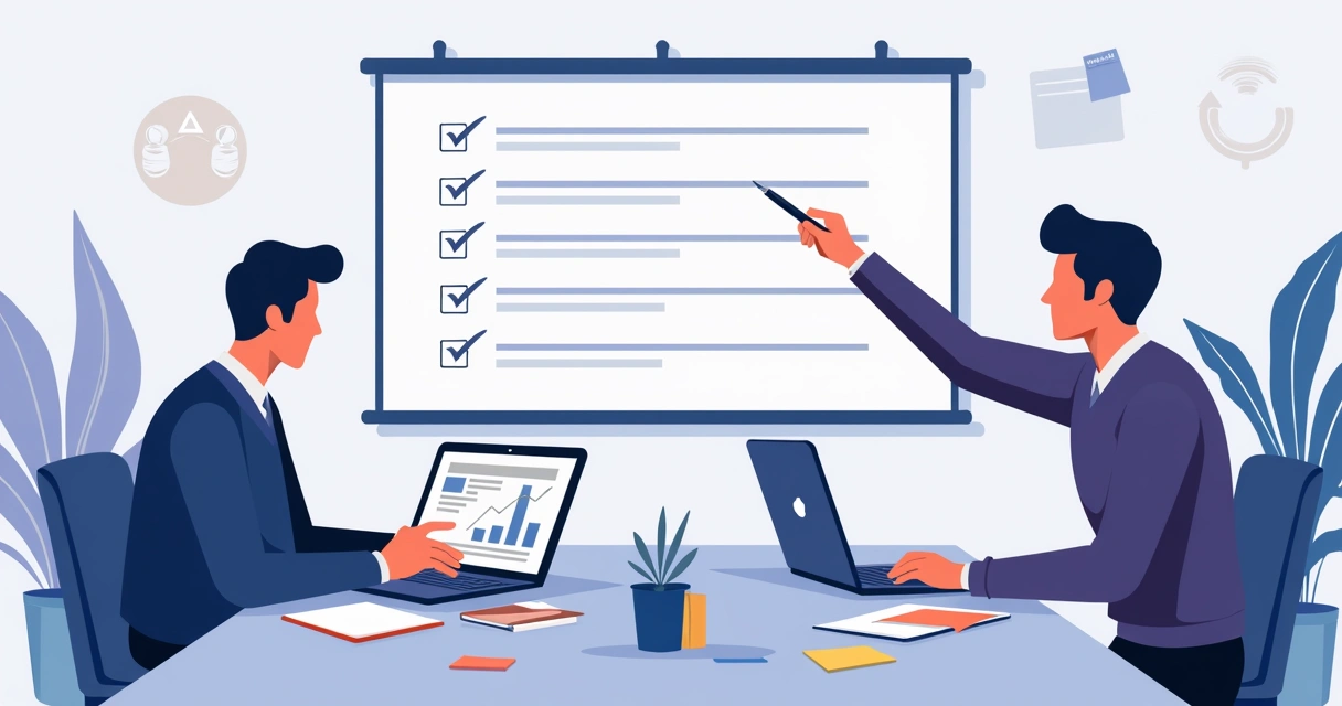 Equipe de marketing e cliente revisando checklist de expectativas em reunião 