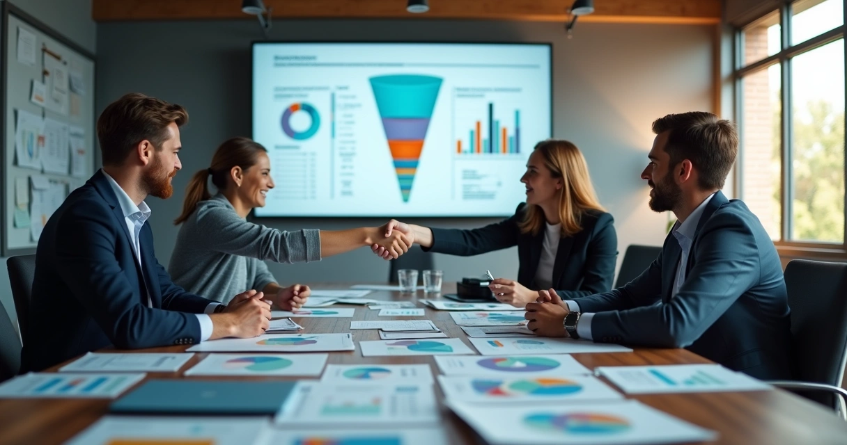 Reunião entre equipes de marketing e vendas alinhando estratégias