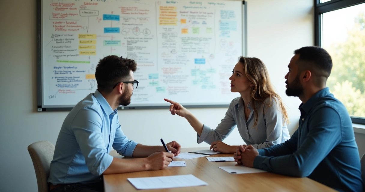 Três pessoas reunidas discutindo metas em um quadro branco 