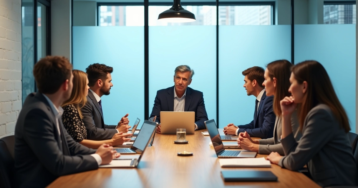 Equipe em reunião com conversa clara e foco profissional 