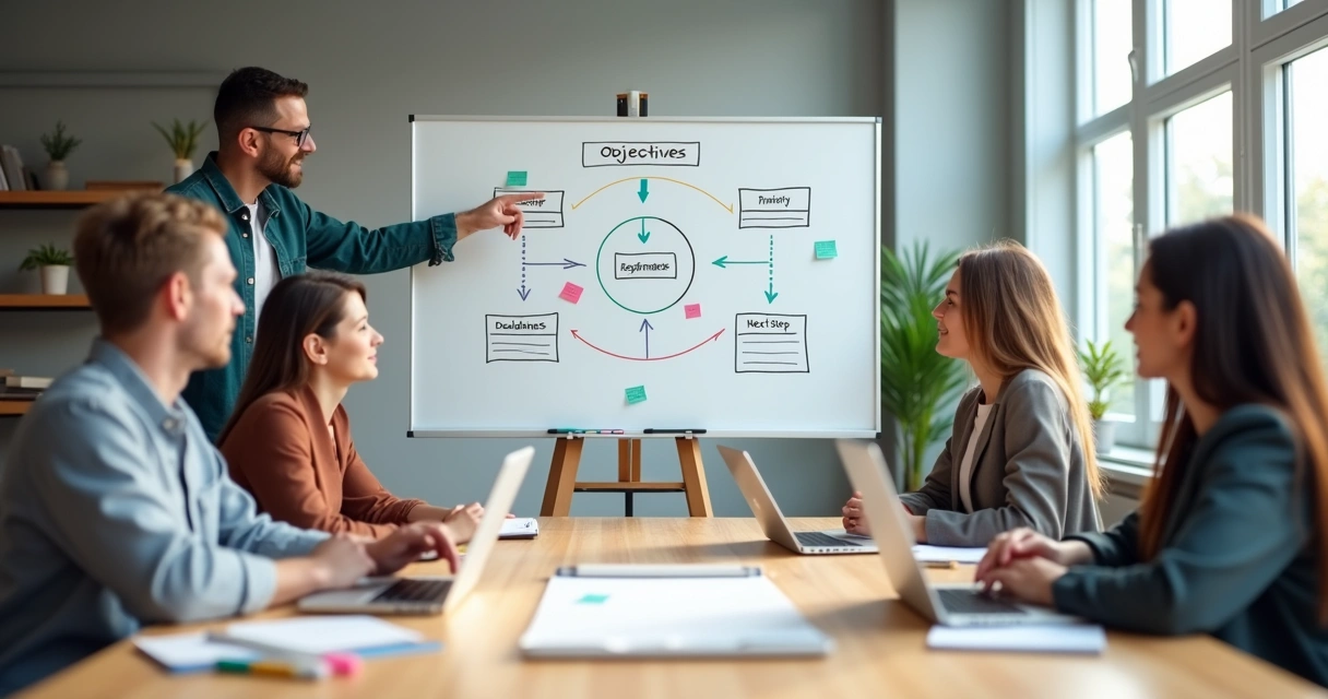 Equipe em reunião de alinhamento diante de quadro com plano visual 