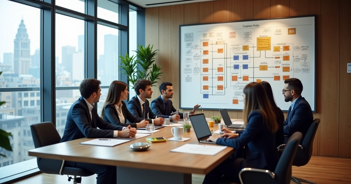 Lideranças reunidas alinhando metas entre áreas 