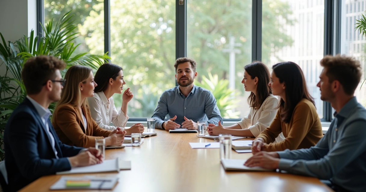 Equipe em reunião com ambiente de trabalho acolhedor