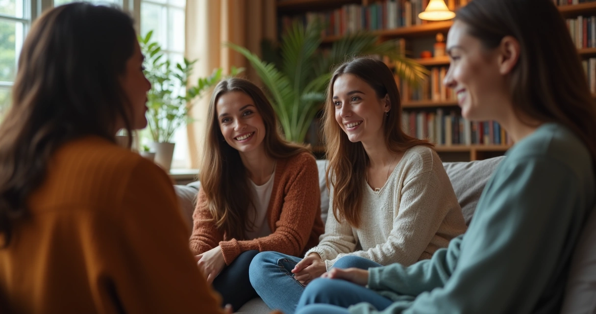 Grupo de amigos conversando em uma sala confortável, sorrindo e fazendo perguntas uns aos outros 