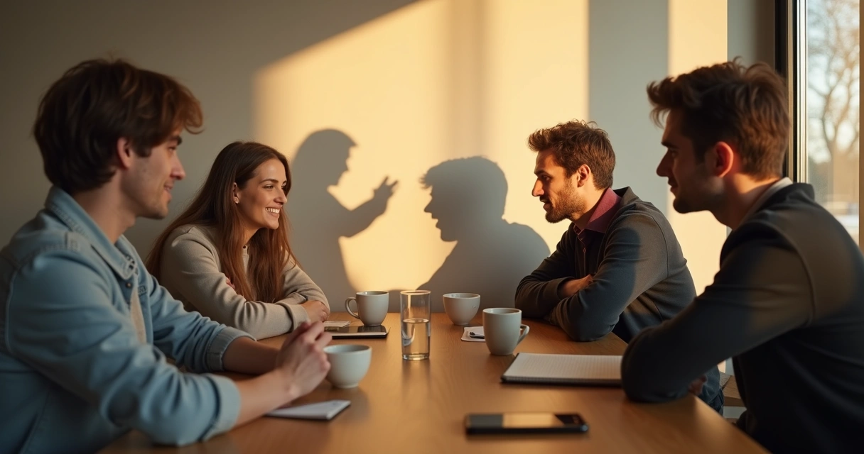 Grupo de amigos conversando enquanto sombras atrás revelam postura competitiva 