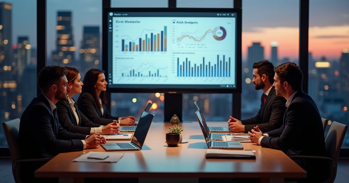 Profissionais reunidos analisando riscos de crédito 
