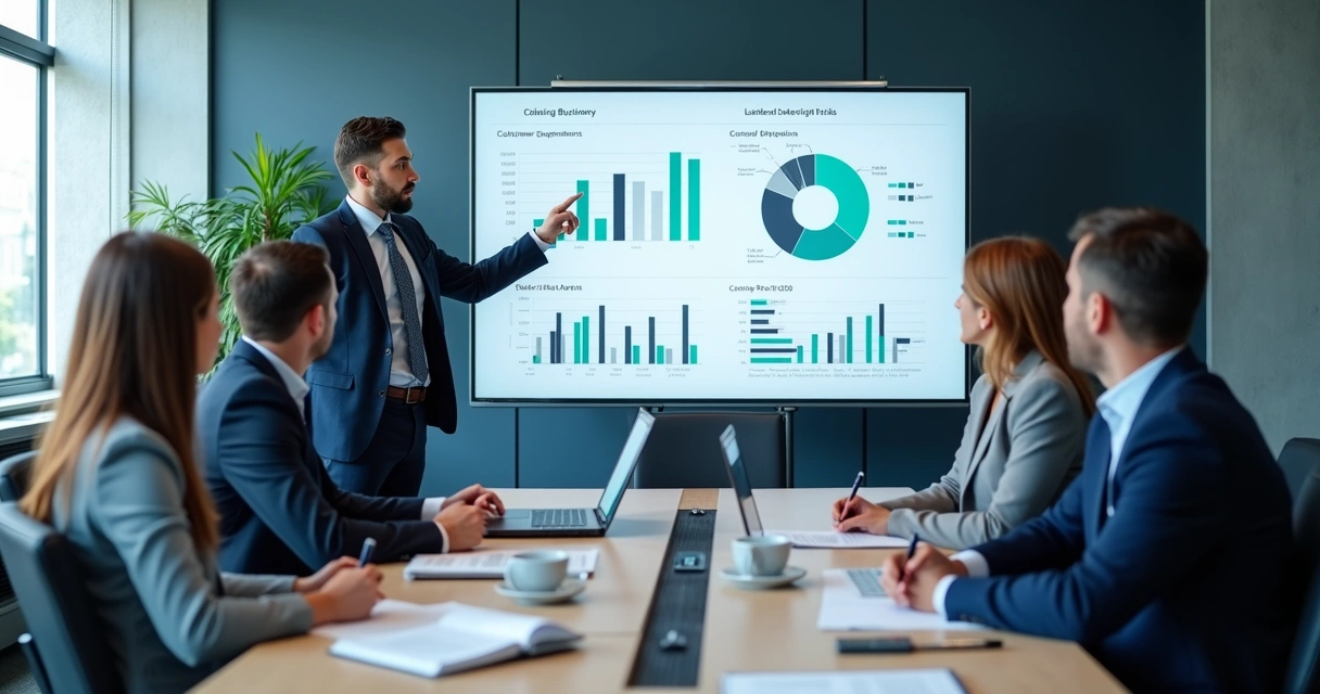 Equipe olhando dashboard em reunião B2B