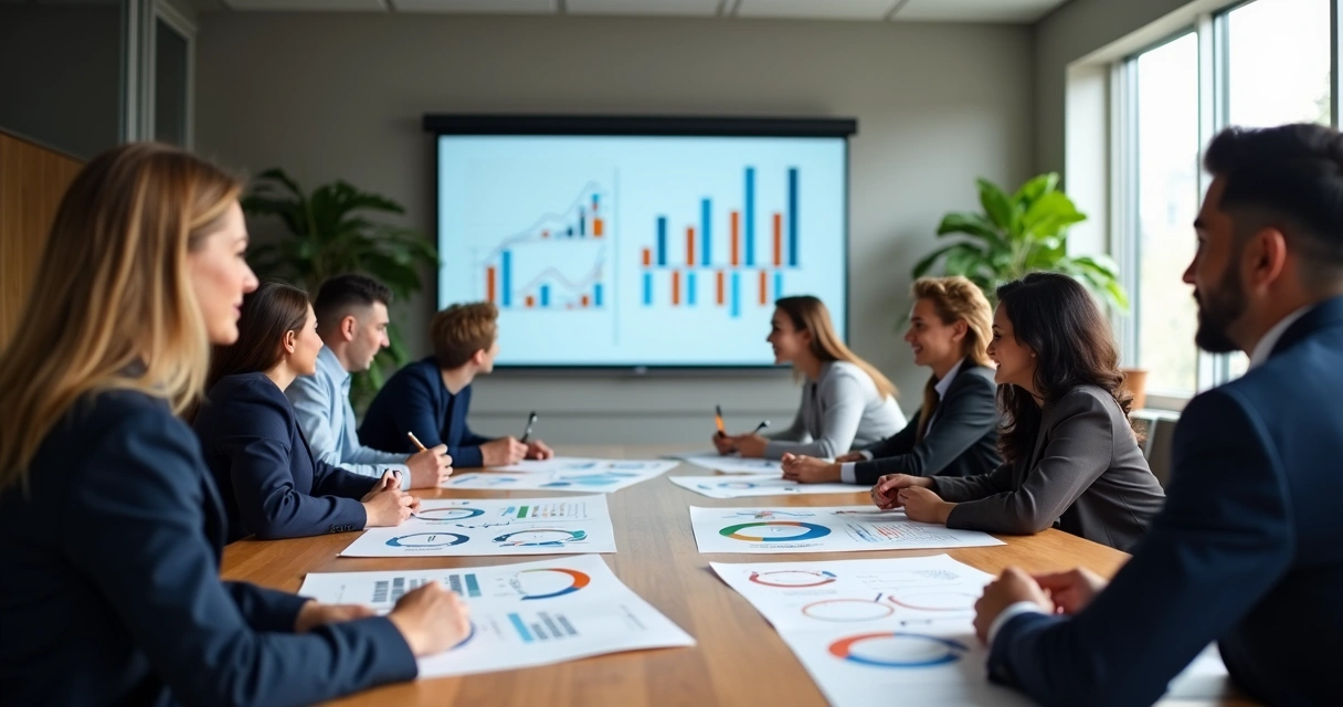 Equipe reunida em mesa de reunião analisando gráficos de benchmark de automação com IA. 