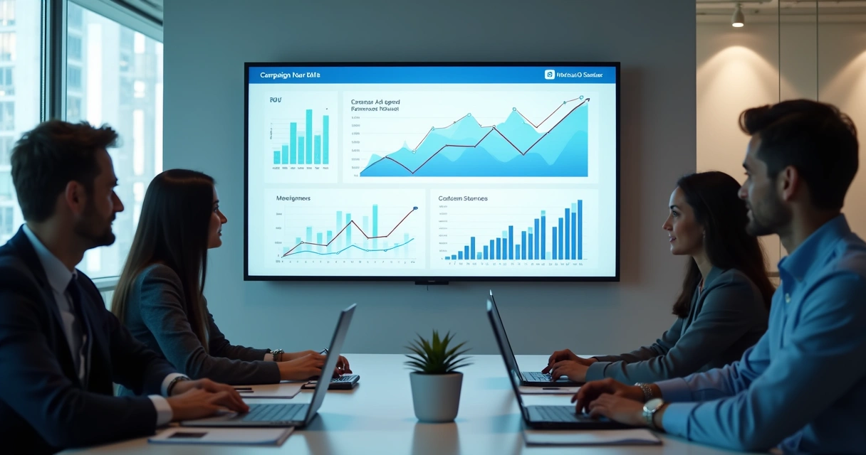 Equipe analisando resultados de campanha em reunião
