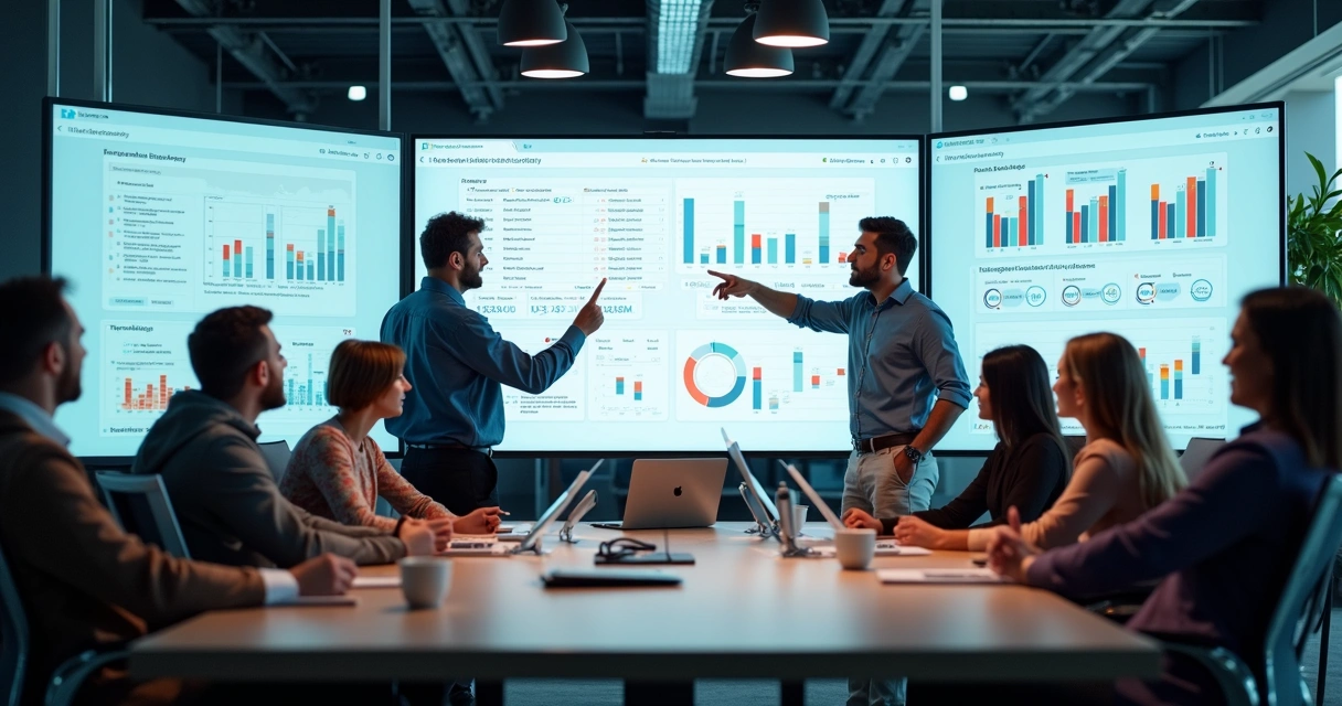 Equipe de marketing analisando dados de influenciadores em reunião