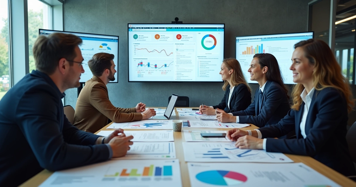 Pessoas reunidas em mesa analisando dados de campanha em telas grandes 