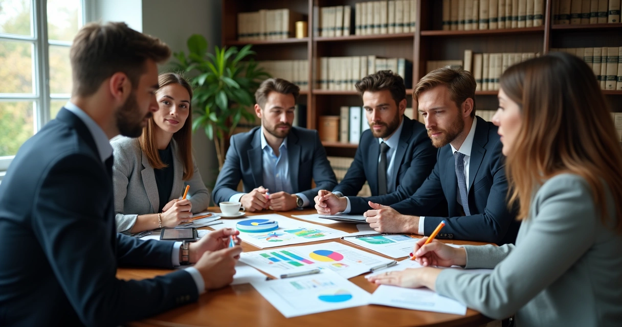 Mesa de escritório com equipe discutindo perfis de clientes contábeis 