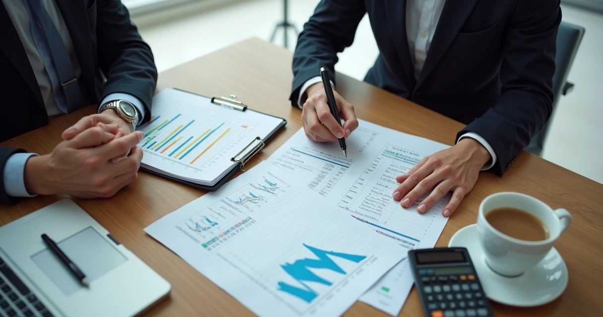 Reunião com relatórios contábeis e gráficos em notebook 
