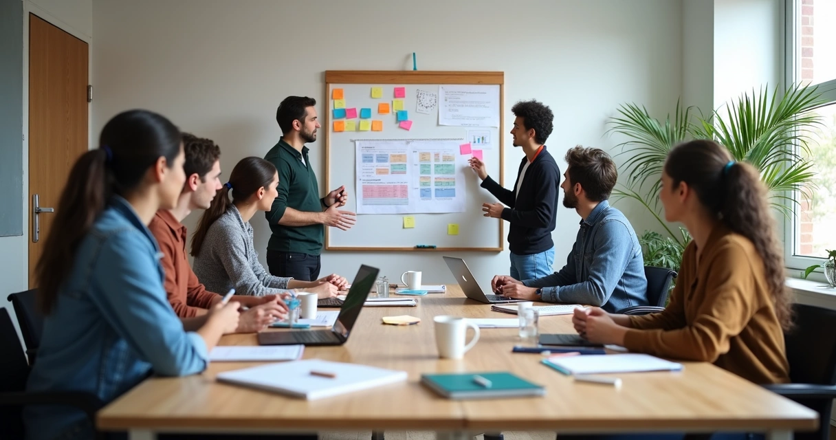 Equipe reunida analisando calendário editorial em uma sala com post-its e gráficos