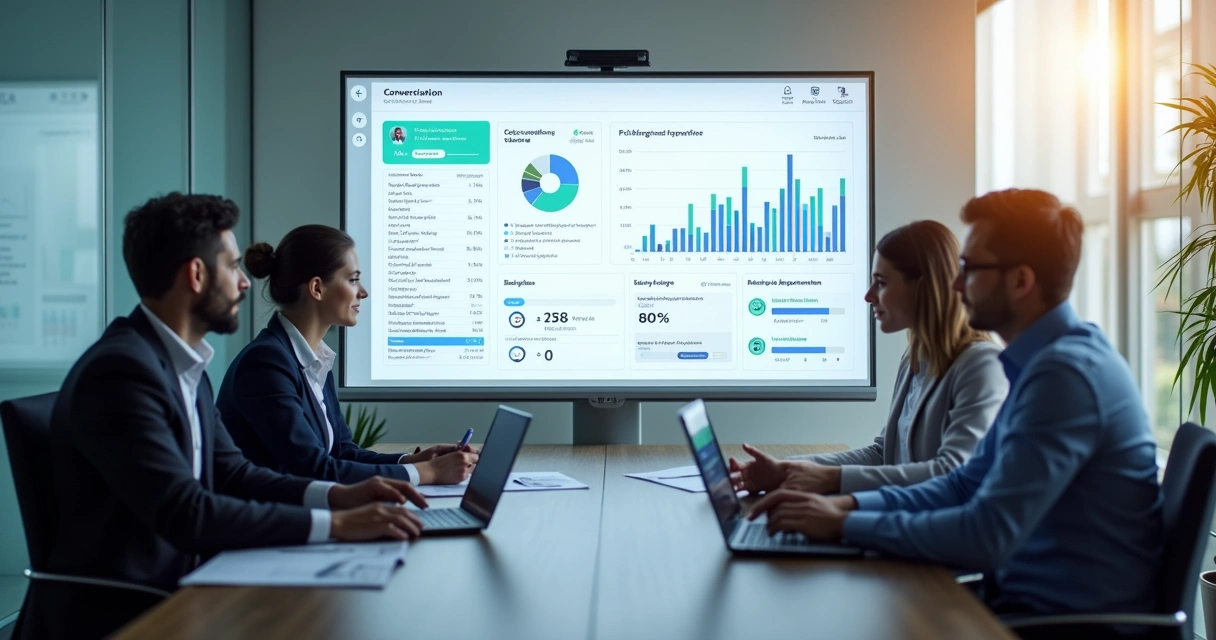 Equipe comercial analisando conversas e indicadores em tela 