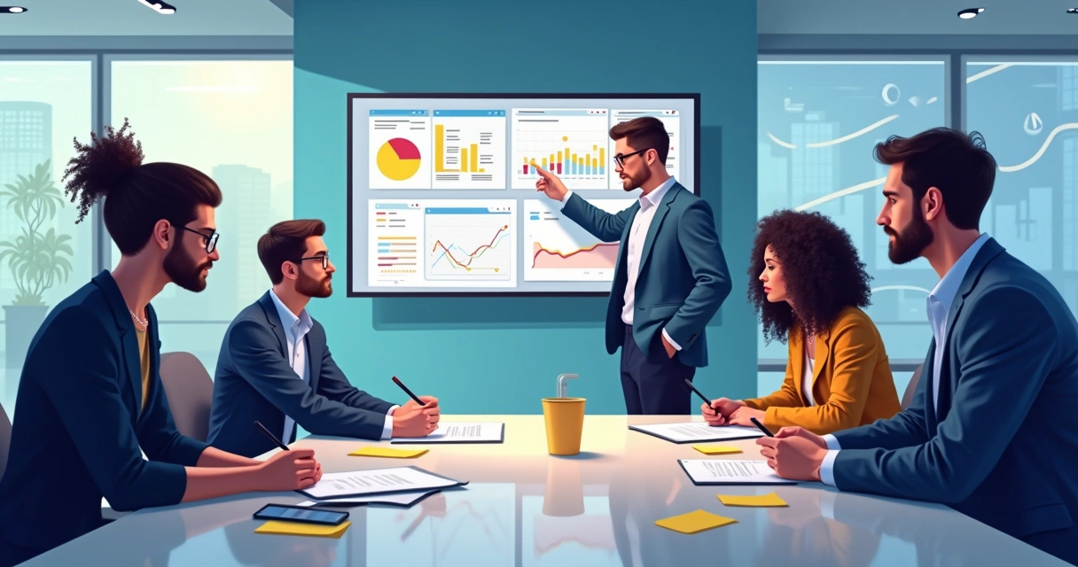 Equipe em sala de reunião analisando dados em telas digitais 