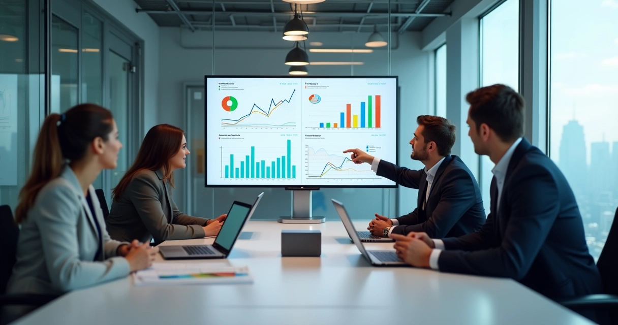 Equipe em reunião analisando gráficos de desempenho em tela 