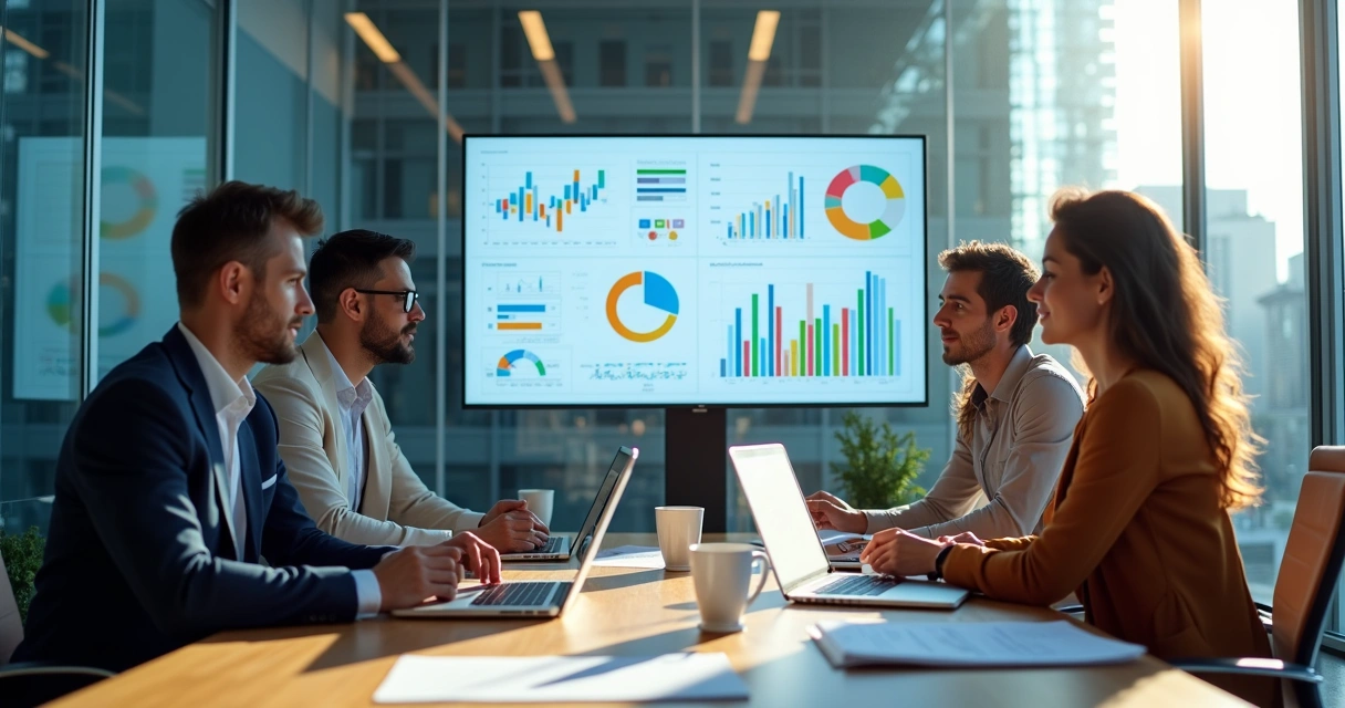 Equipe analisando dados comerciais em sala de reunião 