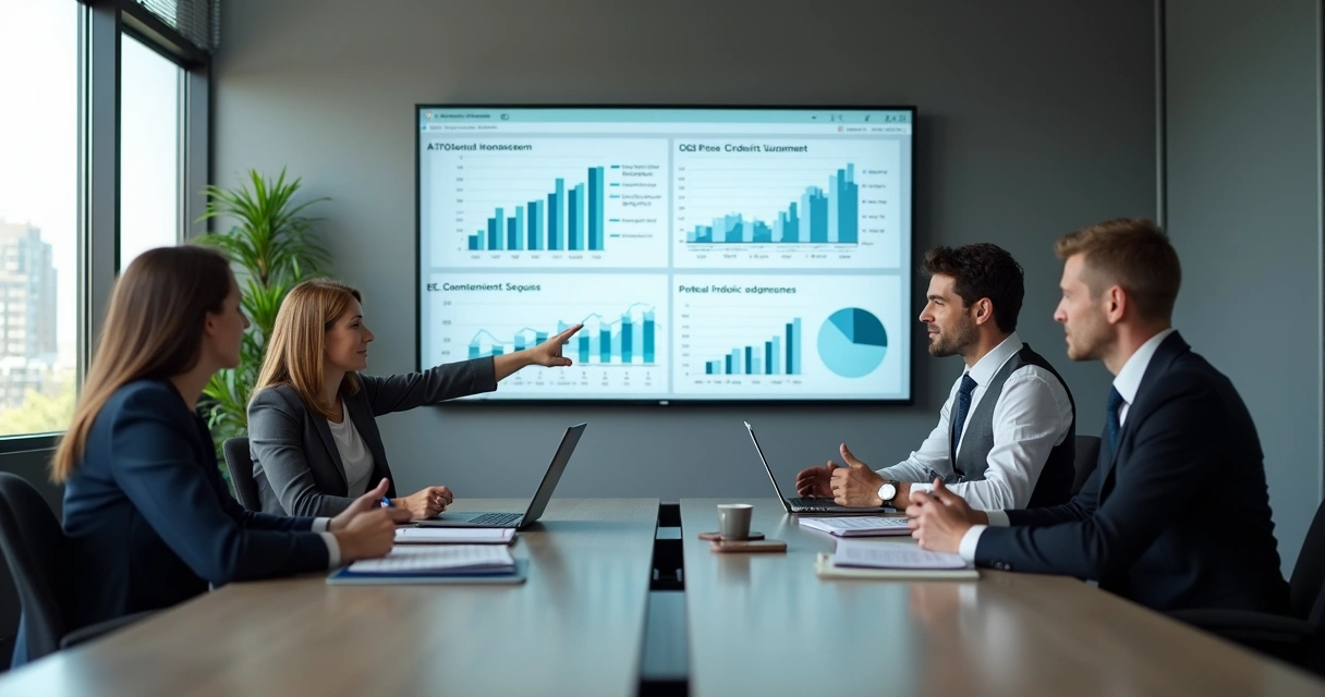 Equipe em reunião analisando dados em painel digital