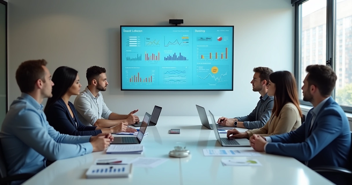 Equipe em reunião olhando dashboard de resultados empresariais
