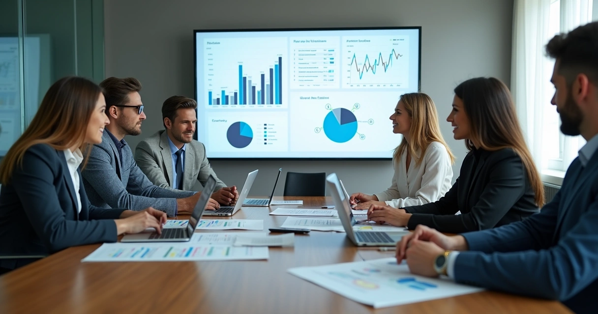 Equipe de associação reunida analisando dados em telas e relatórios impressos.
