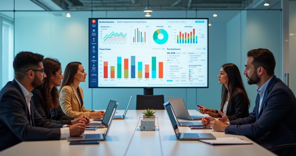 Reunião de equipe analisando gráficos de desempenho empresarial em tela grande 