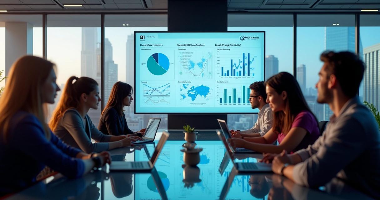 Reunião com equipe analisando dados em dashboard BI na sala de reunião 