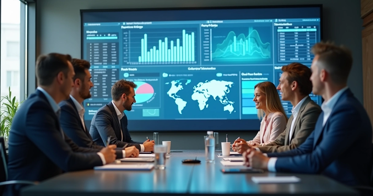 Equipe comercial reunida em sala analisando gráficos e histórico de vendas no CRM 