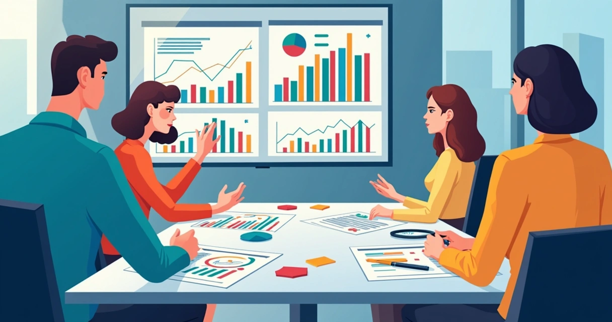 Equipe reunida analisando gráficos de desempenho em telas