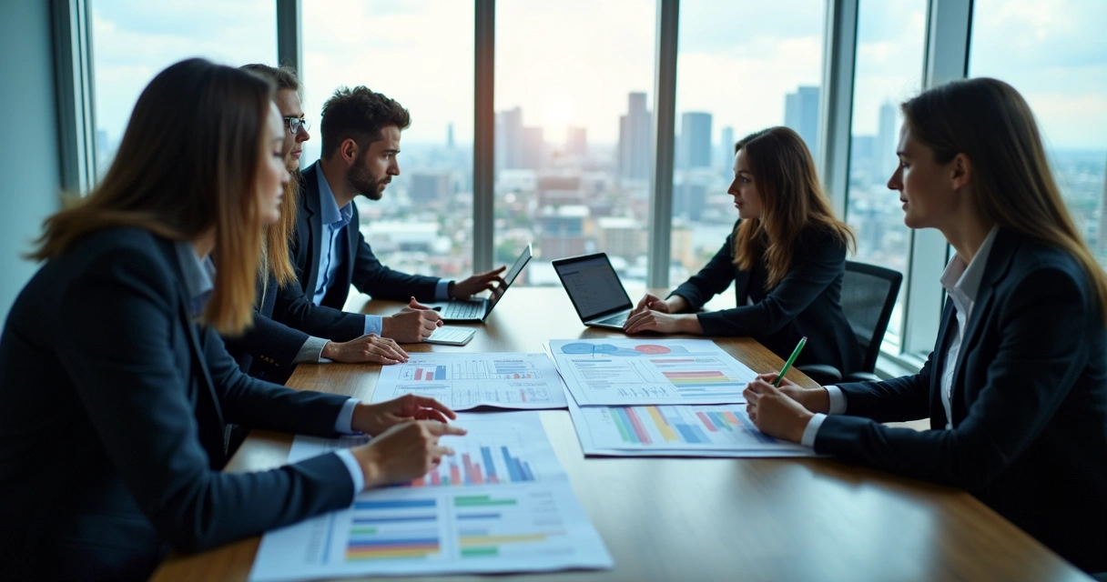 Profissionais em reunião analisando gráficos de demanda industrial na mesa 