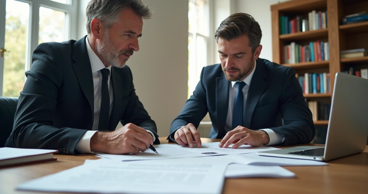 Reunião analisando documentos para regularizar imóvel, com advogado e cliente consultando papéis 