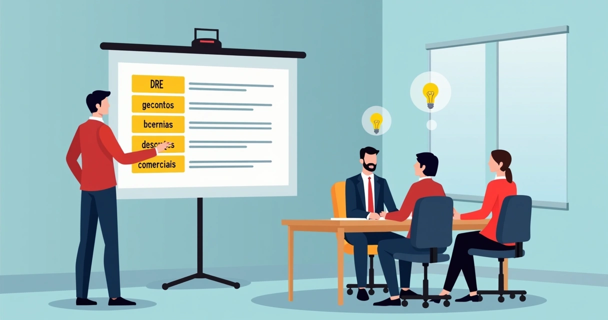 Reunião de equipe identificando problema em desconto comercial no DRE 