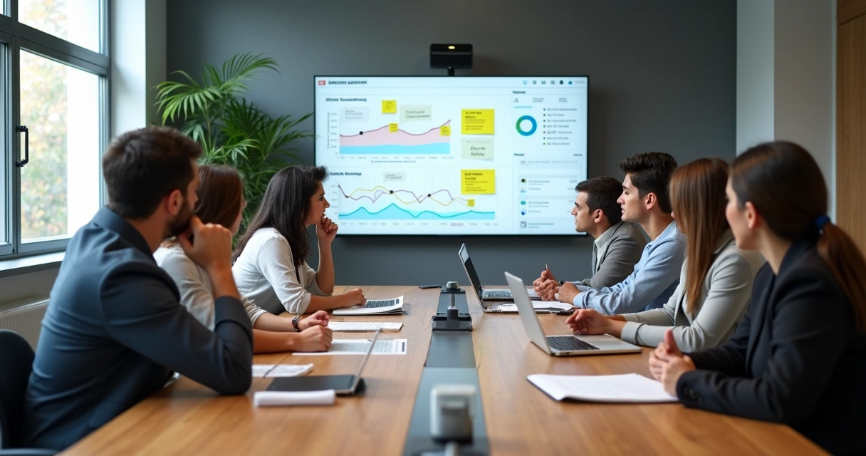 Equipe revisando dados em reunião 