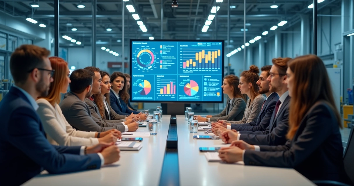 Equipe reunida ao redor de mesa analisando gráficos de estoque em tela 